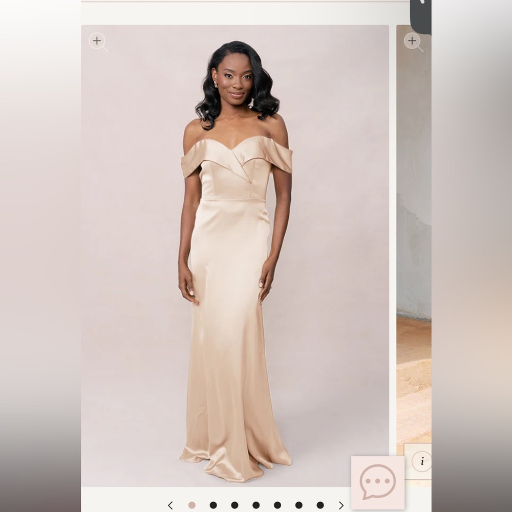 Revelry satin, gold champagne Bardot Bridesmaid dress